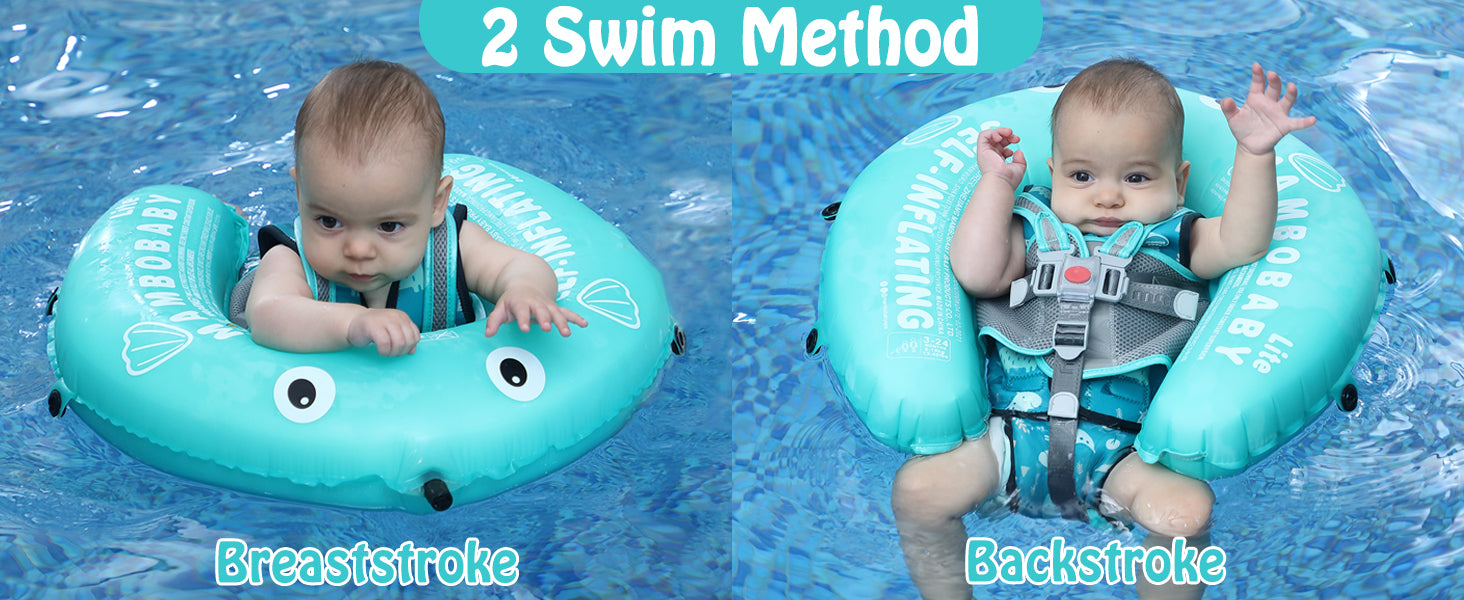 Baby using Mambobaby swim float in pool